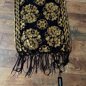 Black with Gold hand sewn gold appliqué wrap, NWT